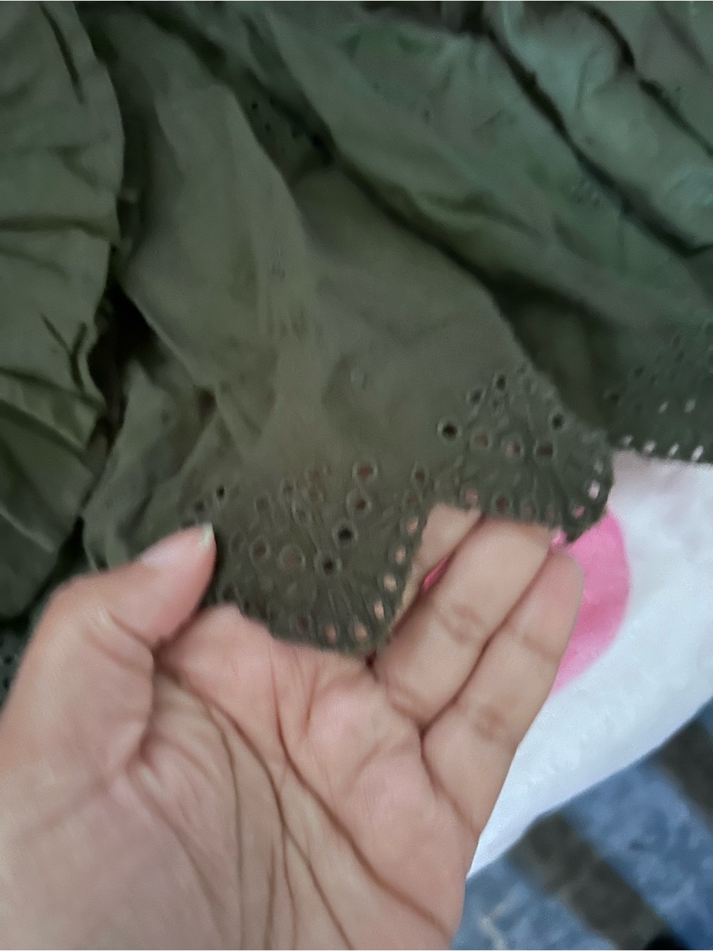 American Eagle Outfitters Olive Green Smocked Eyelet Peasant Top - Picture 5 of 6